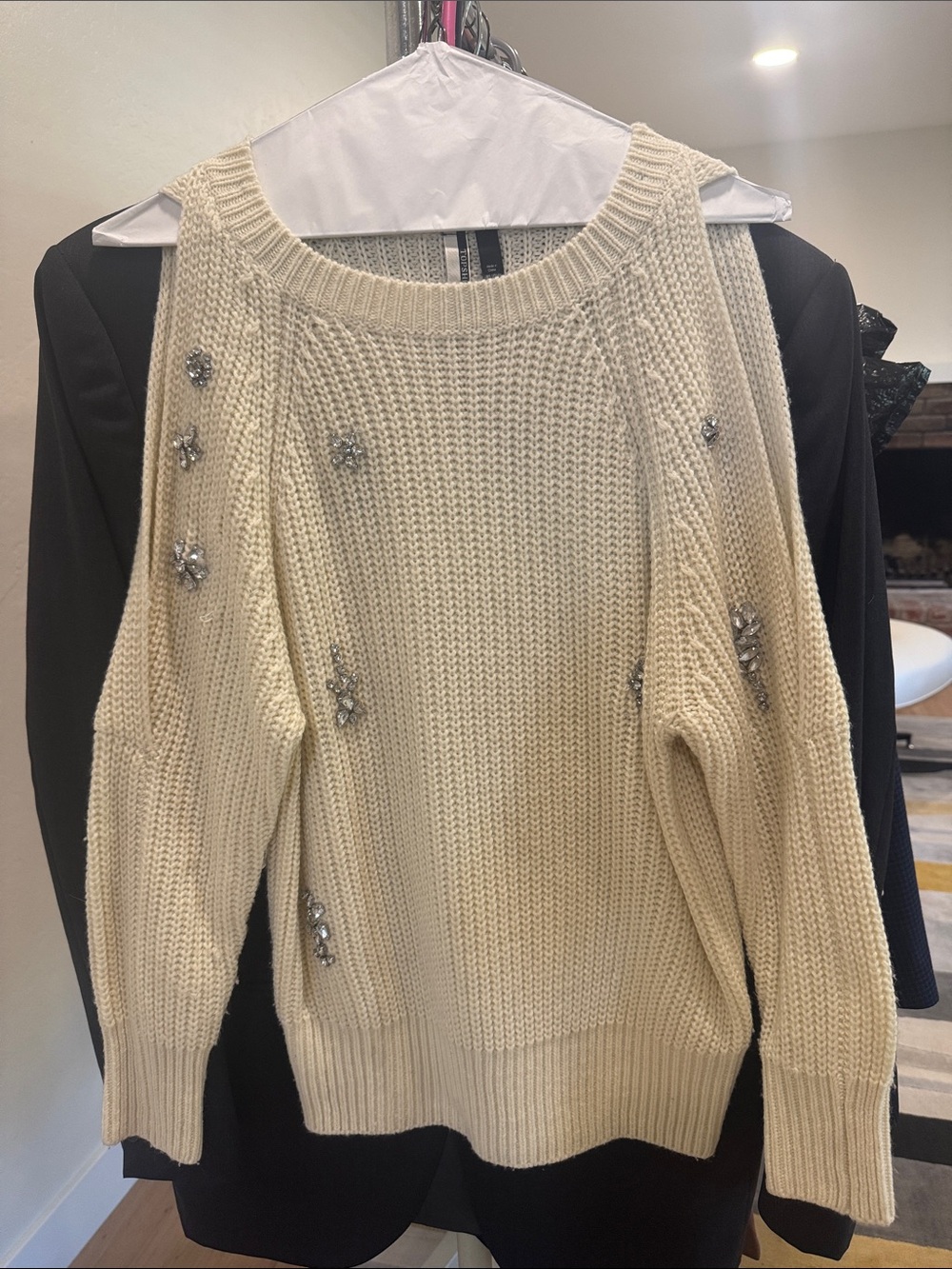 Topshop Cream Crewneck Sweater with Silver Bead Clusters